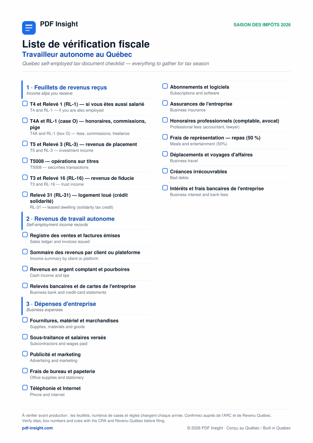 Première page de la liste de vérification fiscale du travailleur autonome au Québec de PDF Insight, qui énumère les feuillets de revenus et les dépenses d'entreprise en français et en anglais.